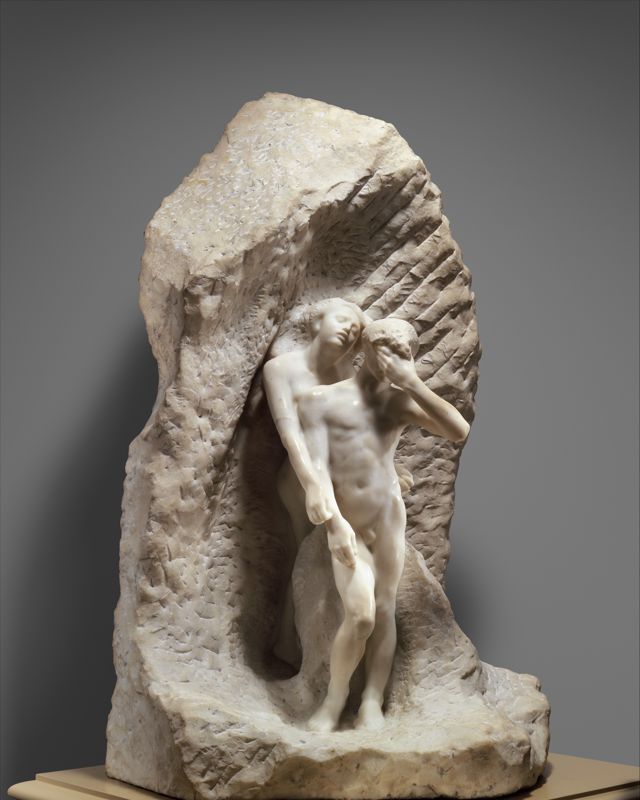 Marmorskulptur av kvinne og mann