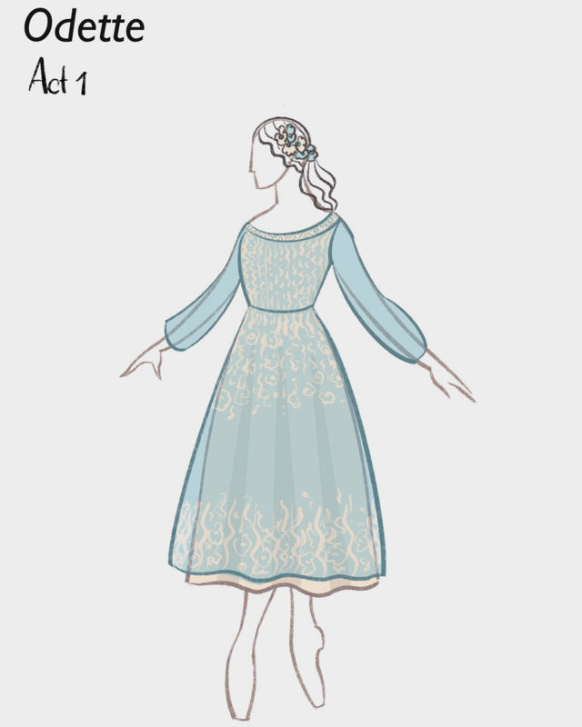 Kostymetegning av Odette 1. akt, med flagrende skjørt og blomster i håret.