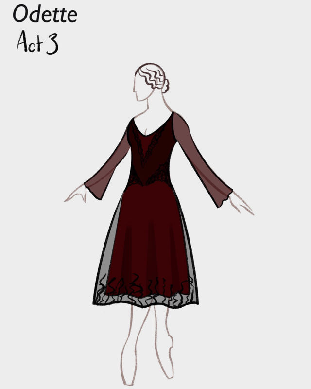 Kostymetegning av Odette i burgunderfarget flagrende kjole, 3. akt.