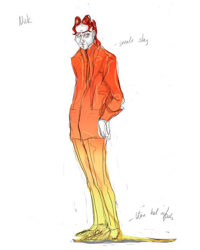 Kostymetegning av mann med gul-rød dress og rødt hår.