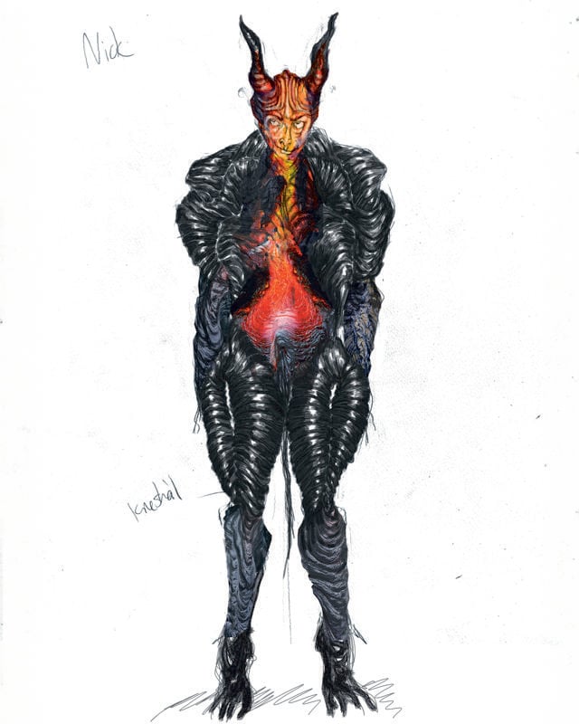 Kostymetegning av djevel i svart med store horn